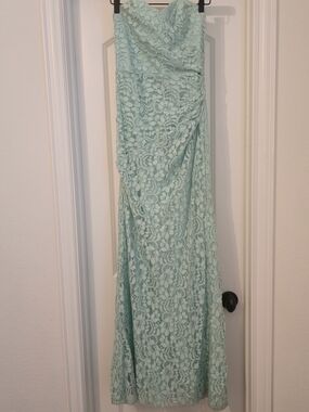 David's Bridal Strapless Lace Gown in Mint Green